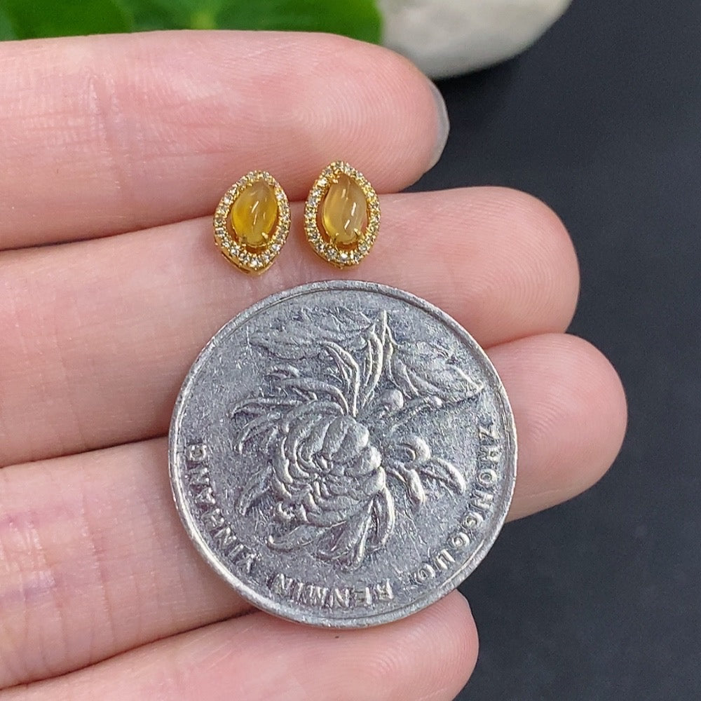 Jadeite Cabochon Stud Earrings 18k Gold Total Weight Approx. 1g Accented with Diamonds
