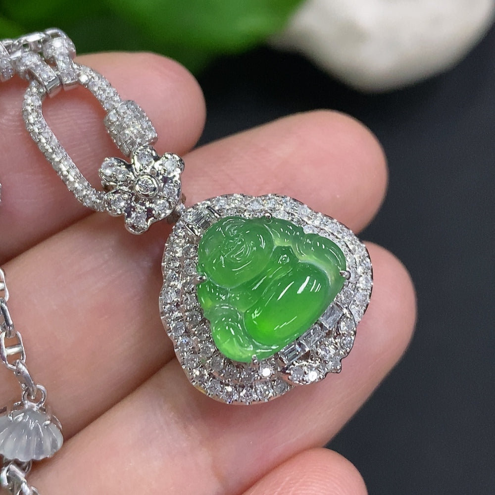 Jadeite Buddha pendant with 18K gold mount, diamond accents, shown on a chain, crafted by HUILIU HQ with a total weight of 12.3g.