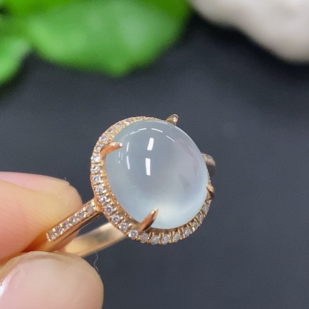Jadeite Cabochon Ring in . (with Diamond Accents) | Huiliu Certified