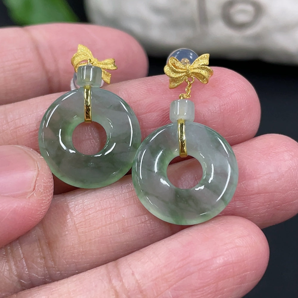 Jadeite Donut Stud Earrings Pair 18k Gold Setting Approximately 3.2g Without Ear Backs