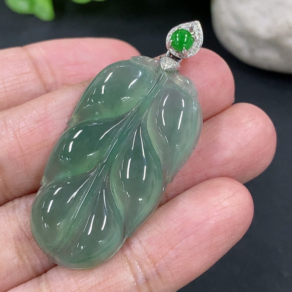 Jadeite Pendant Leaf with 18K Gold and Diamond Accents, Total Weight Approx. 8.2g