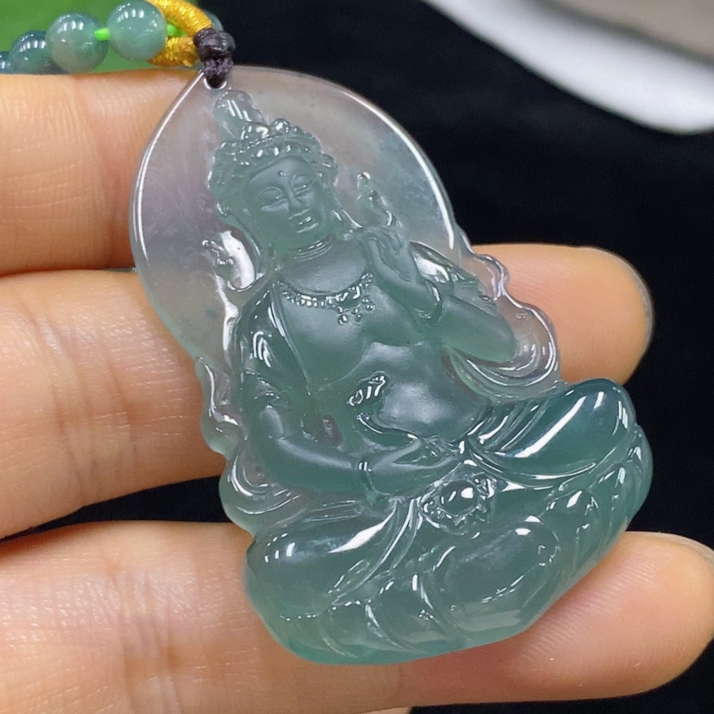 Jadeite Guanyin pendant with chain, crafted from jade, weighs approximately 38.18g, featuring intricate religious figure design.