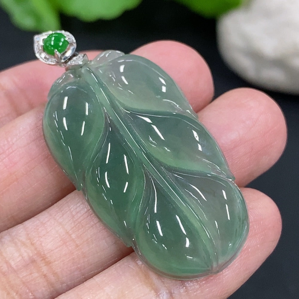 Jadeite Pendant Leaf with 18K Gold and Diamond Accents, Total Weight Approx. 8.2g