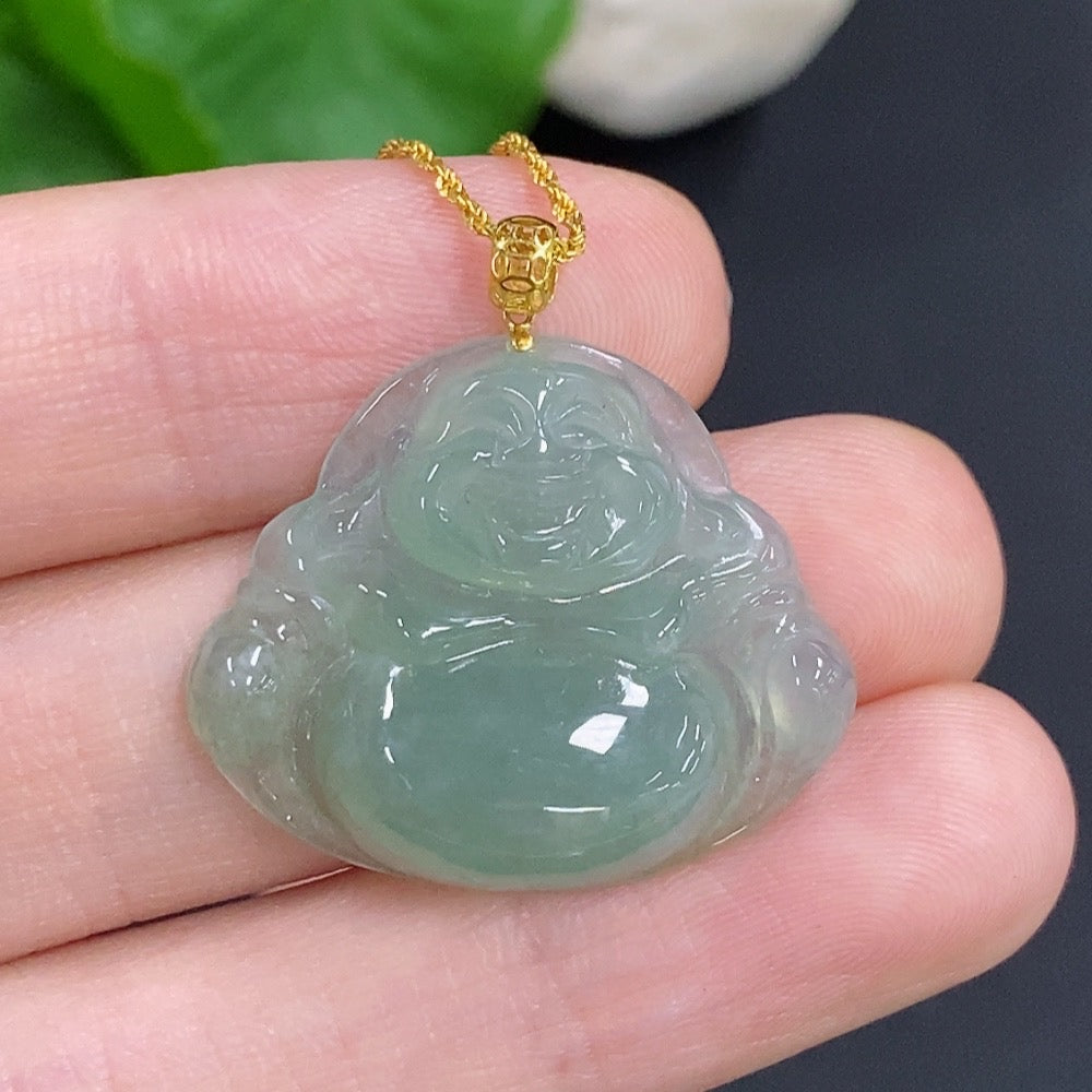 Jadeite Buddha Pendant with 18k Gold, Total Weight Approx. 5.2g (Including Chain)