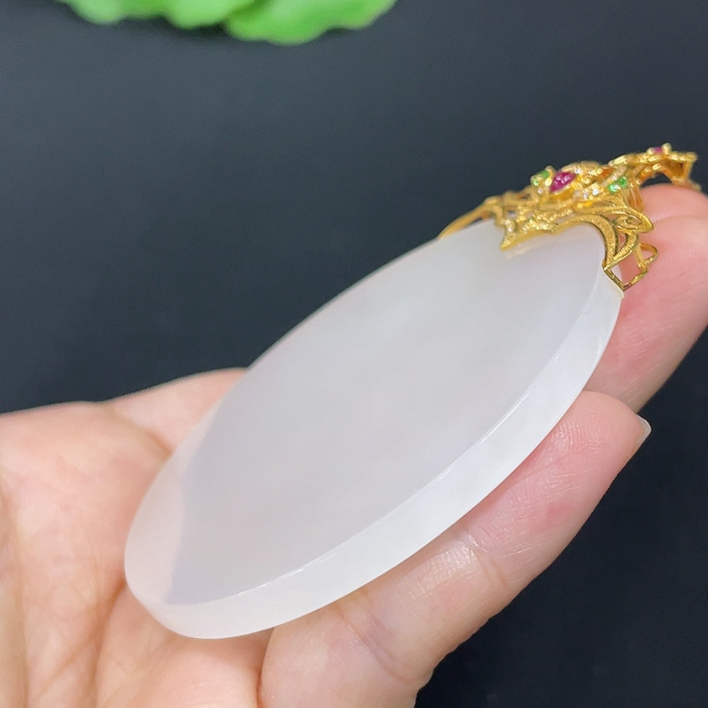Hetian Jade Inlaid Plain Pendant 18k Gold Set with Colorless Diamonds