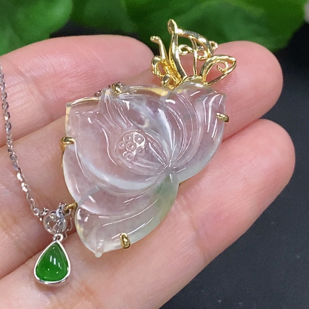 Jadeite Lotus Inlay Pendant . (Including Chain) | Huiliu Certified
