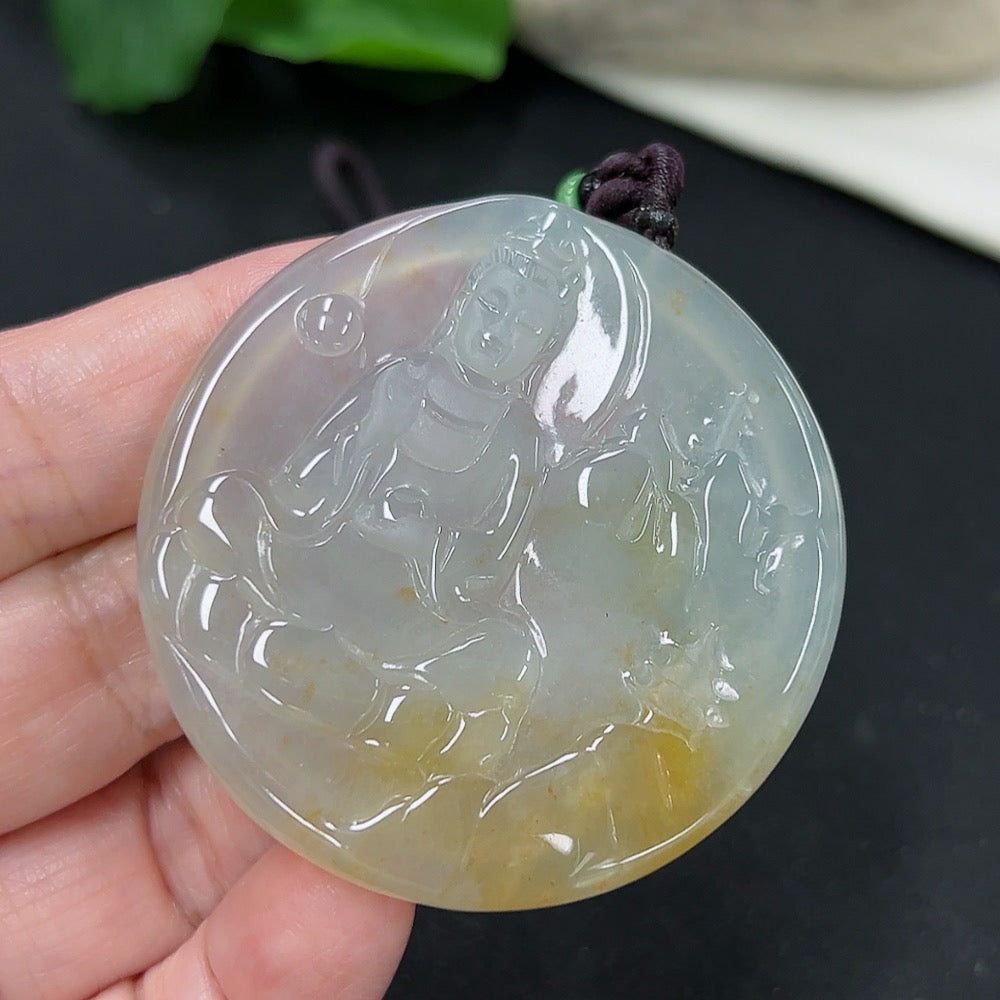 Jadeite Guanyin pendant from HKHQ, carved jade figure weighing approximately 31.48g, detailed with intricate craftsmanship.