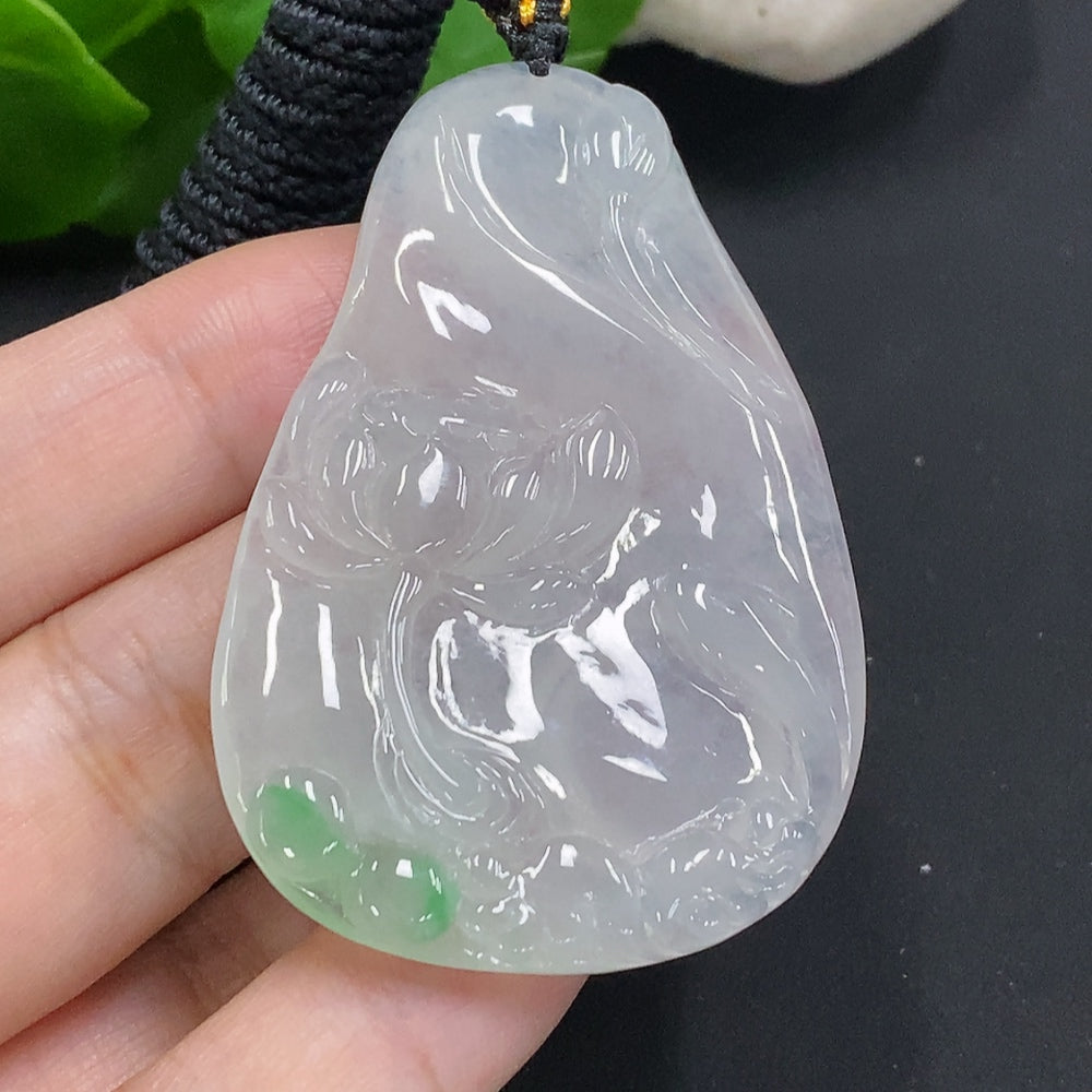 HUILIU HQ jadeite Flower of Wealth and Honor pendant with rope, featuring intricate floral design and polished jade surface.