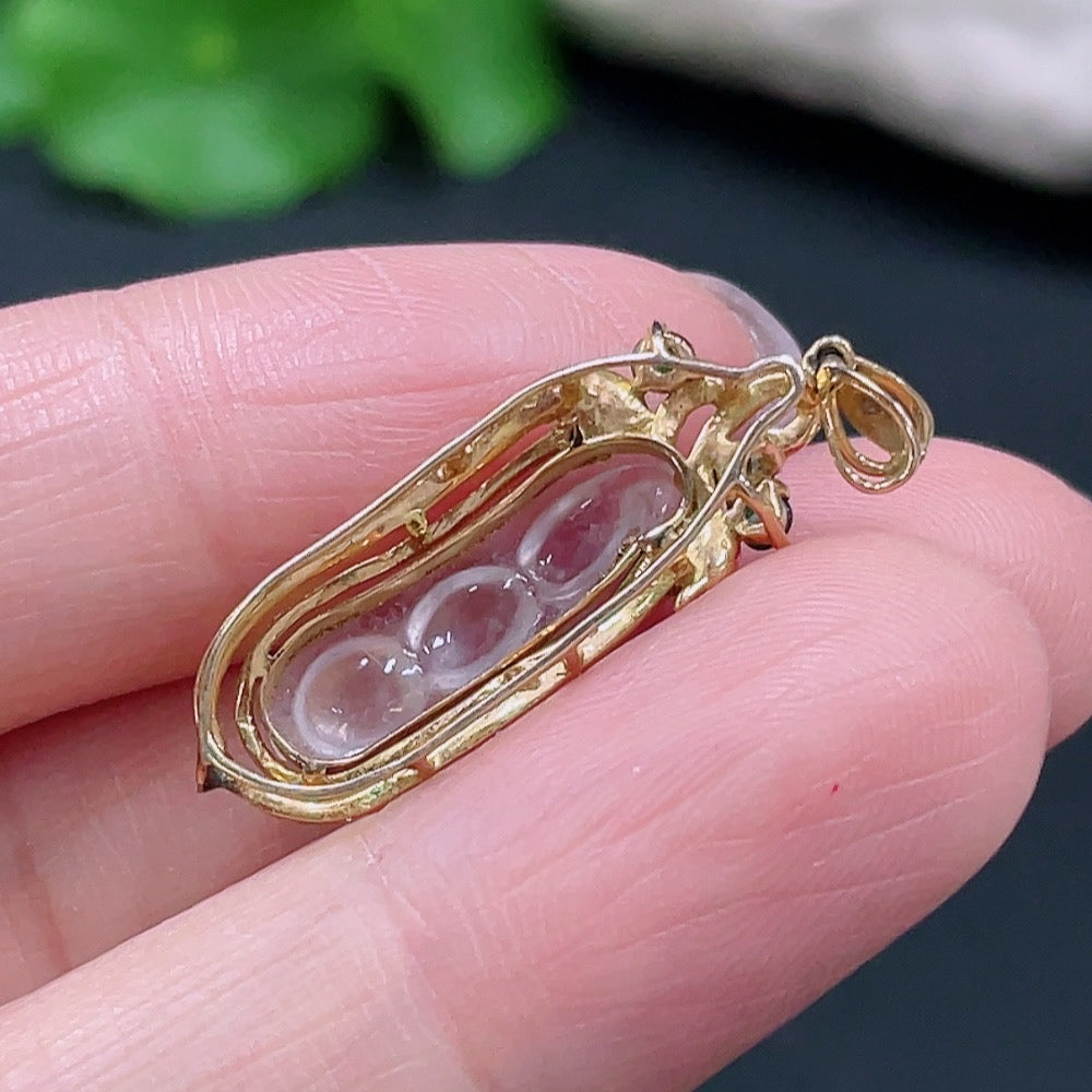 Jadeite Blessing Bean Inlaid Pendant 18K Gold Total Weight Approx. 2.24g