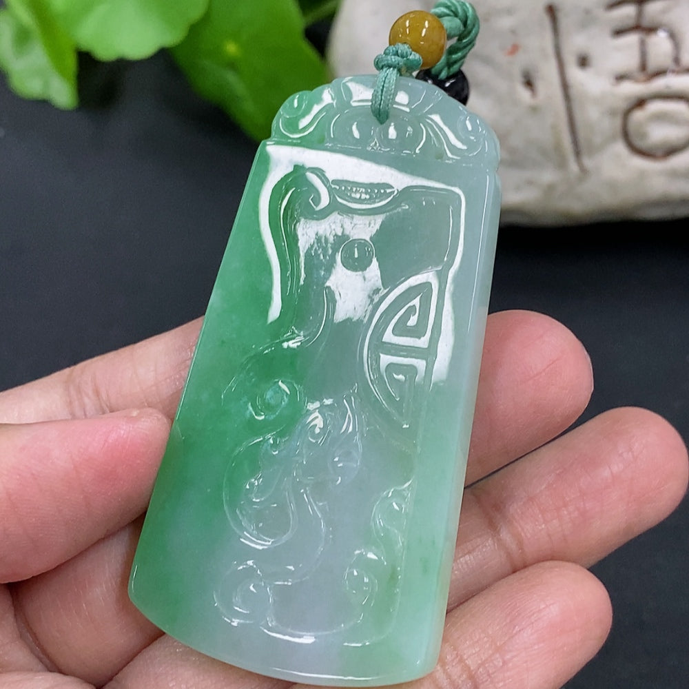 Jadeite antique pendant on necklace, showcasing smooth green jade with vintage design, weight approx. 32g, by HKHQ.