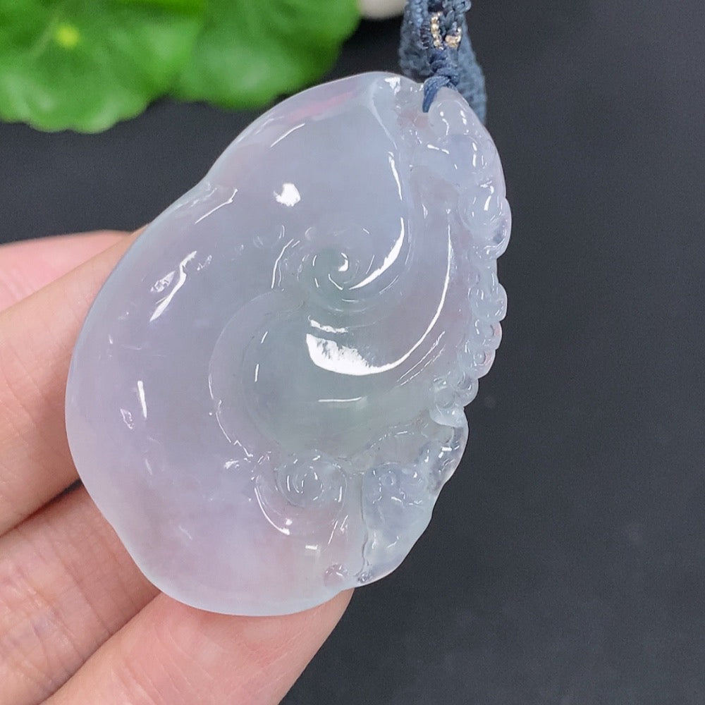 Jadeite Ruyi pendant with rope, weighing approximately 26.4g, showcasing smooth, polished green jade stone with intricate design detail.