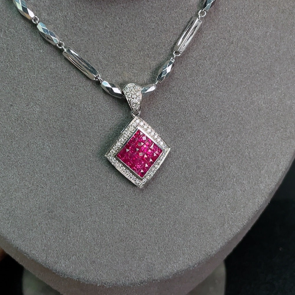 Ruby Inlaid Pendant 18k Gold Chain Pt93% Rope Undetectable Diamond Accents