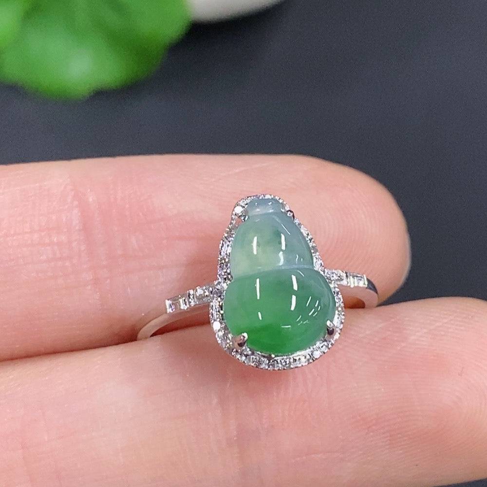 Jadeite gourd inlaid ring by HUILIU HQ with 18k gold band, diamond accents, size 13, weighing approx. 2.09g, detailed gemstone design