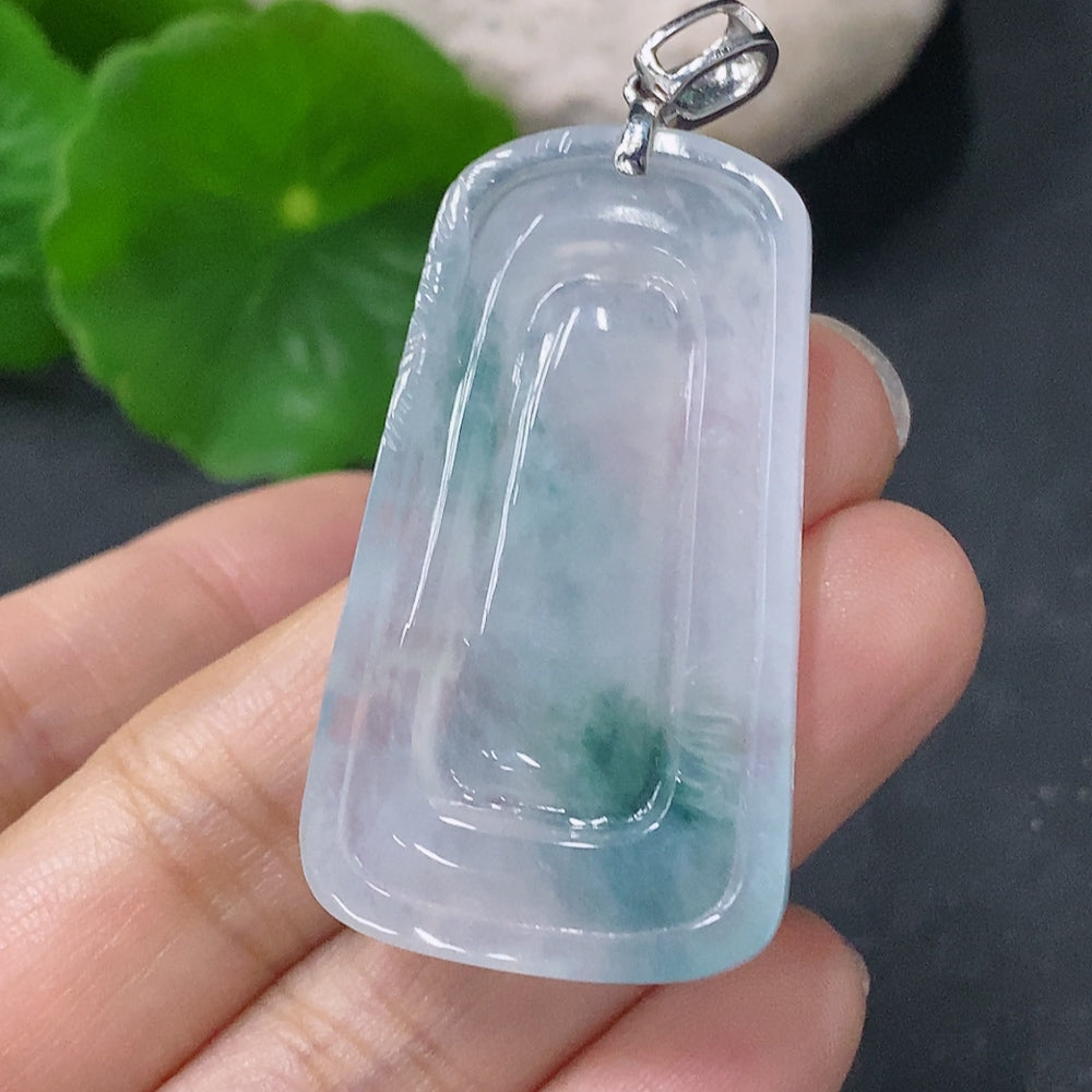 Jadeite Pendant Landscape Plaque with 18K Gold and Diamond Accents, Total Weight Approximately 12.97g