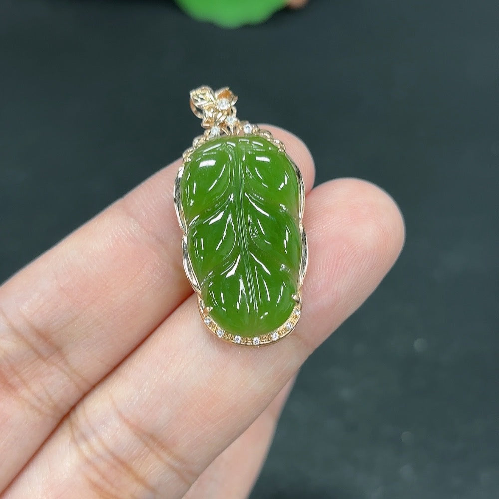 Green Hetian Jade inlaid pendant necklace featuring a Great Achievements design by HKHQ, showcasing intricate jade craftsmanship.