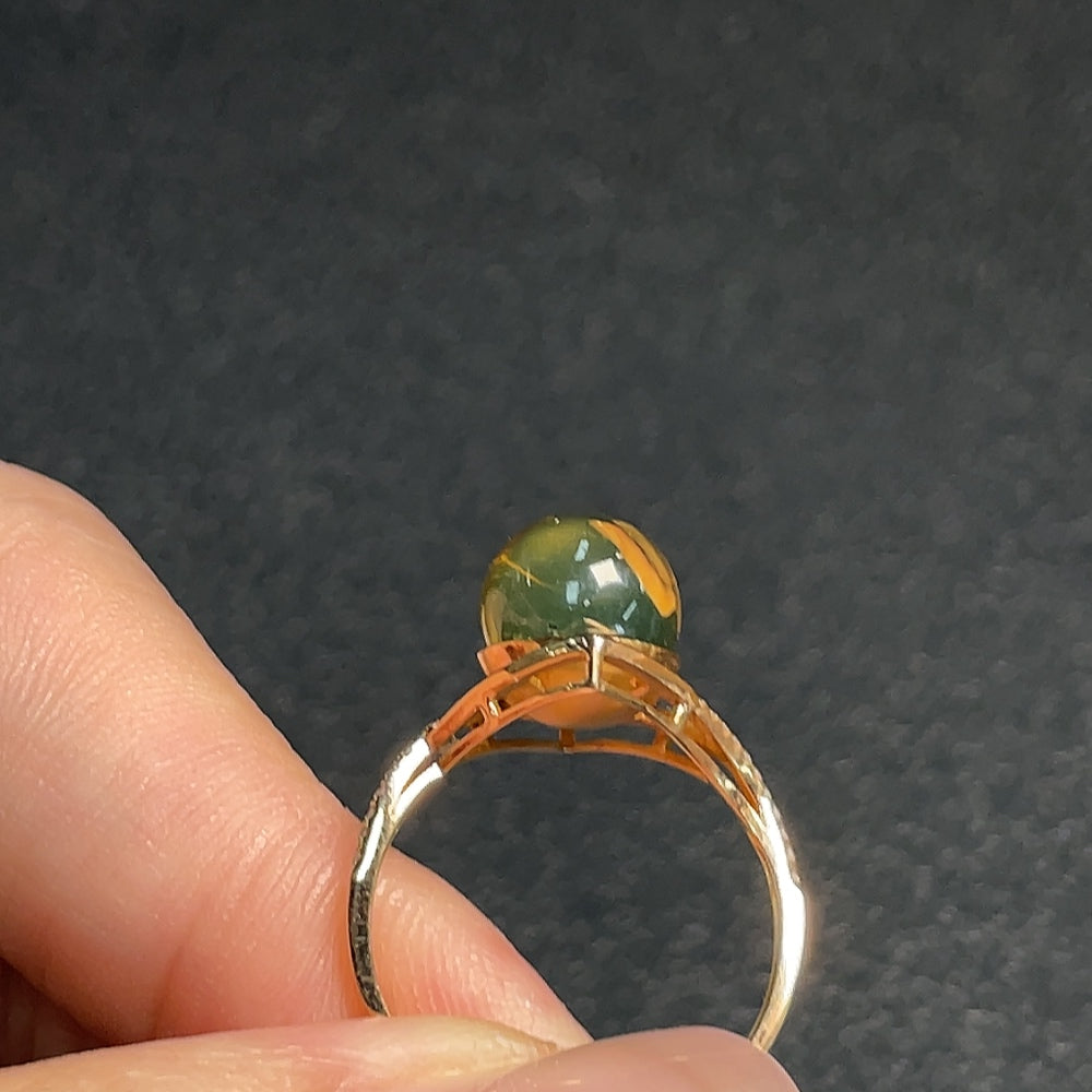 Amber Beeswax Ring 18K Gold with Diamond Accents, Total Weight Approx. 2.31g, Stone Size 8.1mm, Size 13