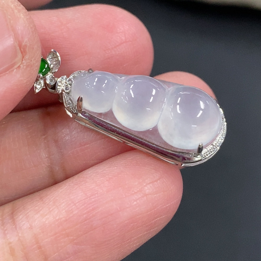 Jadeite Blessed Bean Pendant, 18K Gold Setting with Diamond Accents, Total Weight Approx. 2.34g