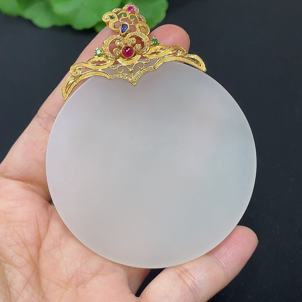 Hetian Jade Inlaid Plain Pendant 18k Gold Set with Colorless Diamonds
