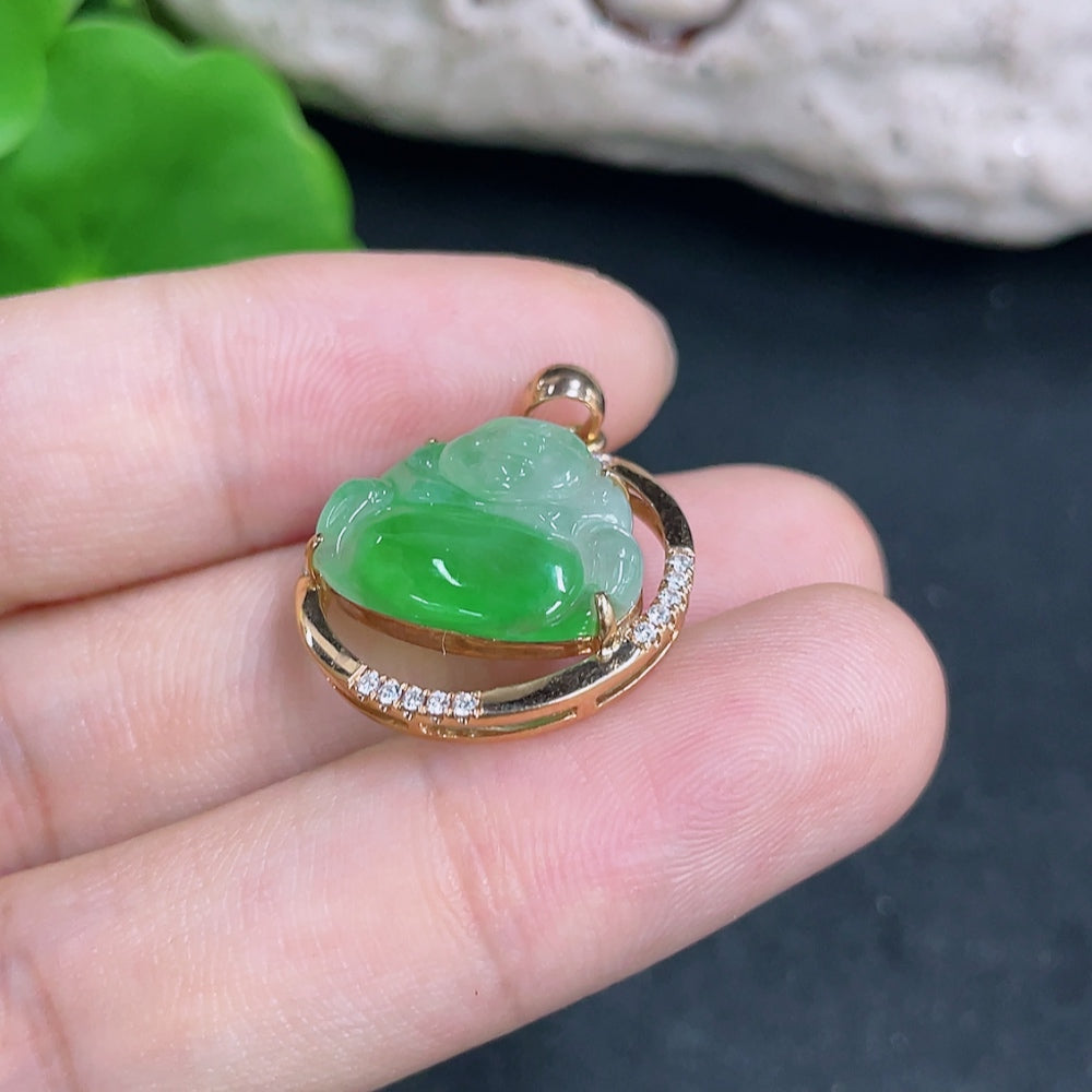 Jadeite Buddha pendant necklace with 18K gold and diamond accents, featuring a detailed Buddha figure, on a chain.