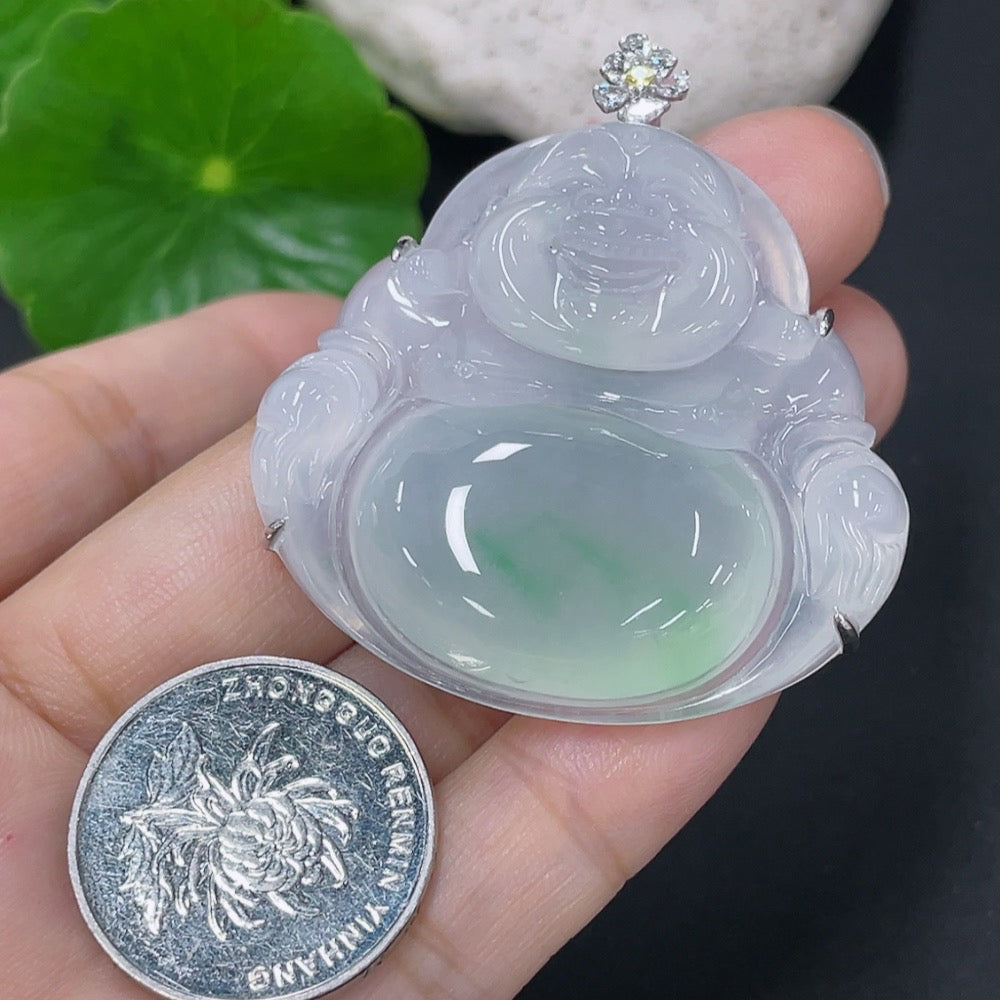 Jadeite Inlaid Buddha Pendant with 18k Clasp and Non-Gold Accents, Set with Colorless Diamonds, Total Weight Approximately 20g
