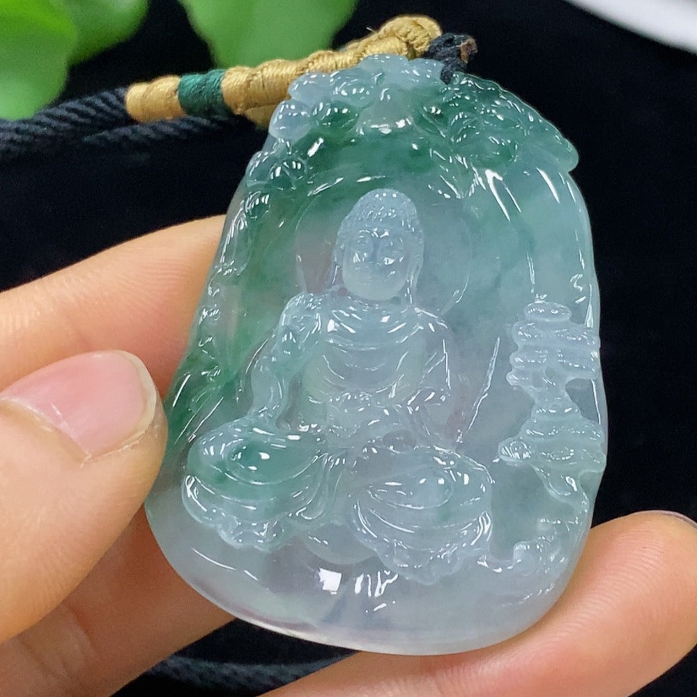 Jadeite Buddha pendant with rope, weighing approximately 26.06g, crafted from green jade by HUILIU HQ.