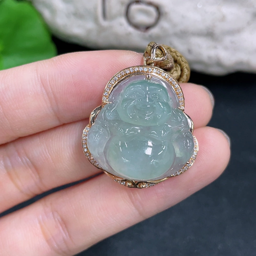 Jadeite Pendant Buddha with 18K Gold and Diamond Accents, Including Rope