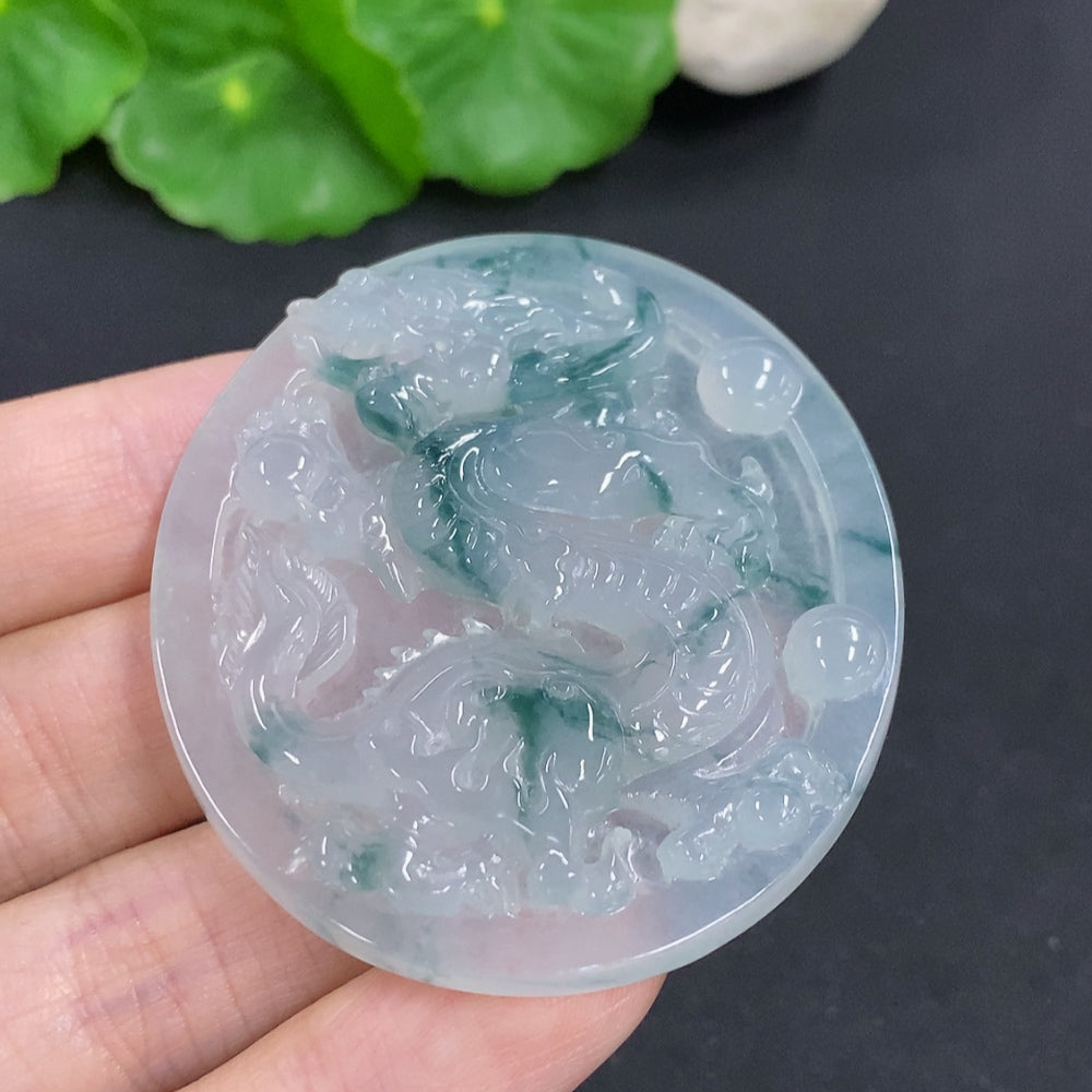Jadeite dragon pendant necklace from HKHQ, 29.8g, featuring a detailed carved dragon design in vibrant green jadeite.