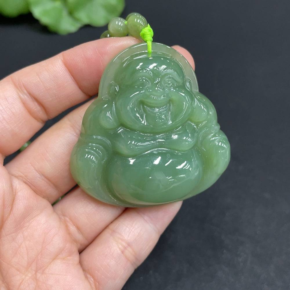 Huiliu Certified Hetian Jade Buddha pendant with chain, featuring a smooth green jade carving of Buddha on a delicate chain