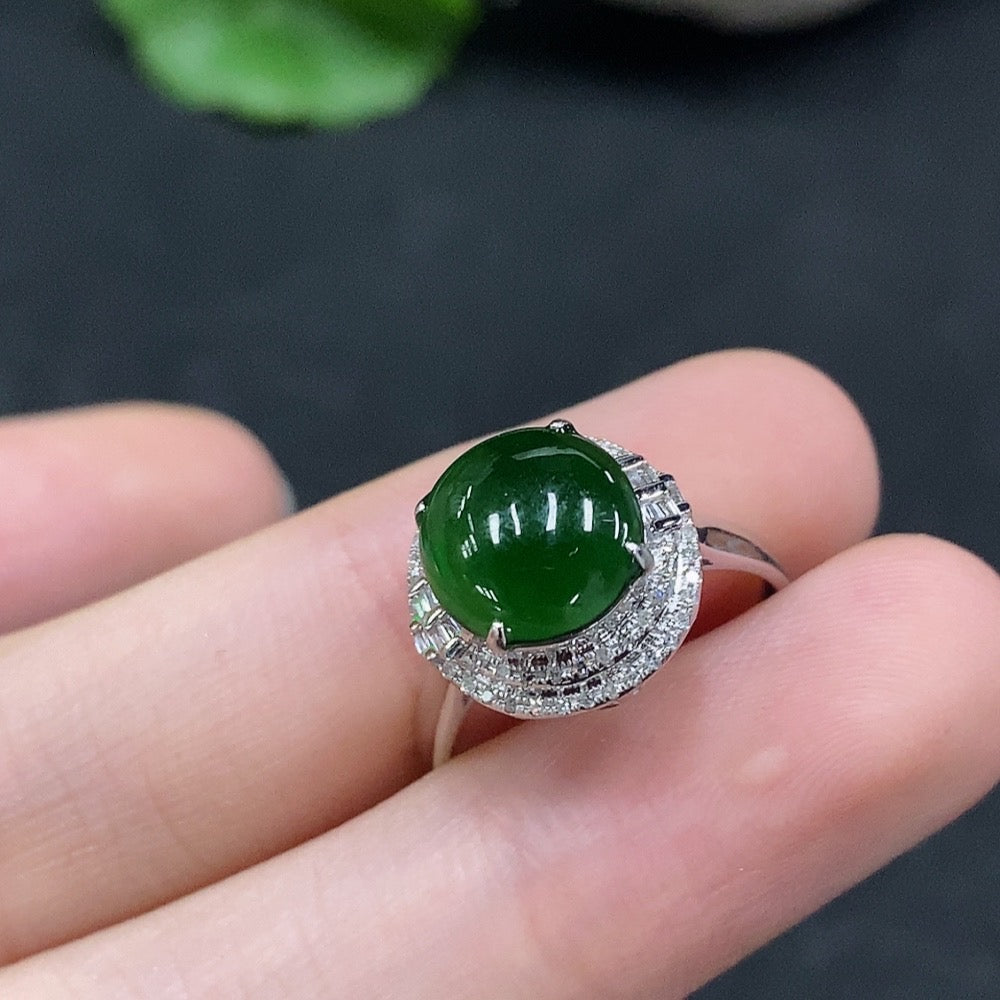 Jadeite Cabochon Ring with and Diamond Accents, . | Huiliu Certified