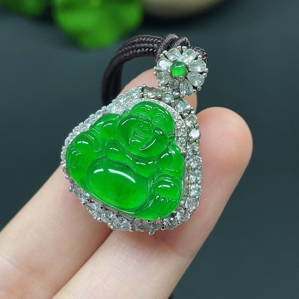 Jadeite Buddha pendant necklace with non-gold setting, featuring a detailed jadeite carving on a silver chain.