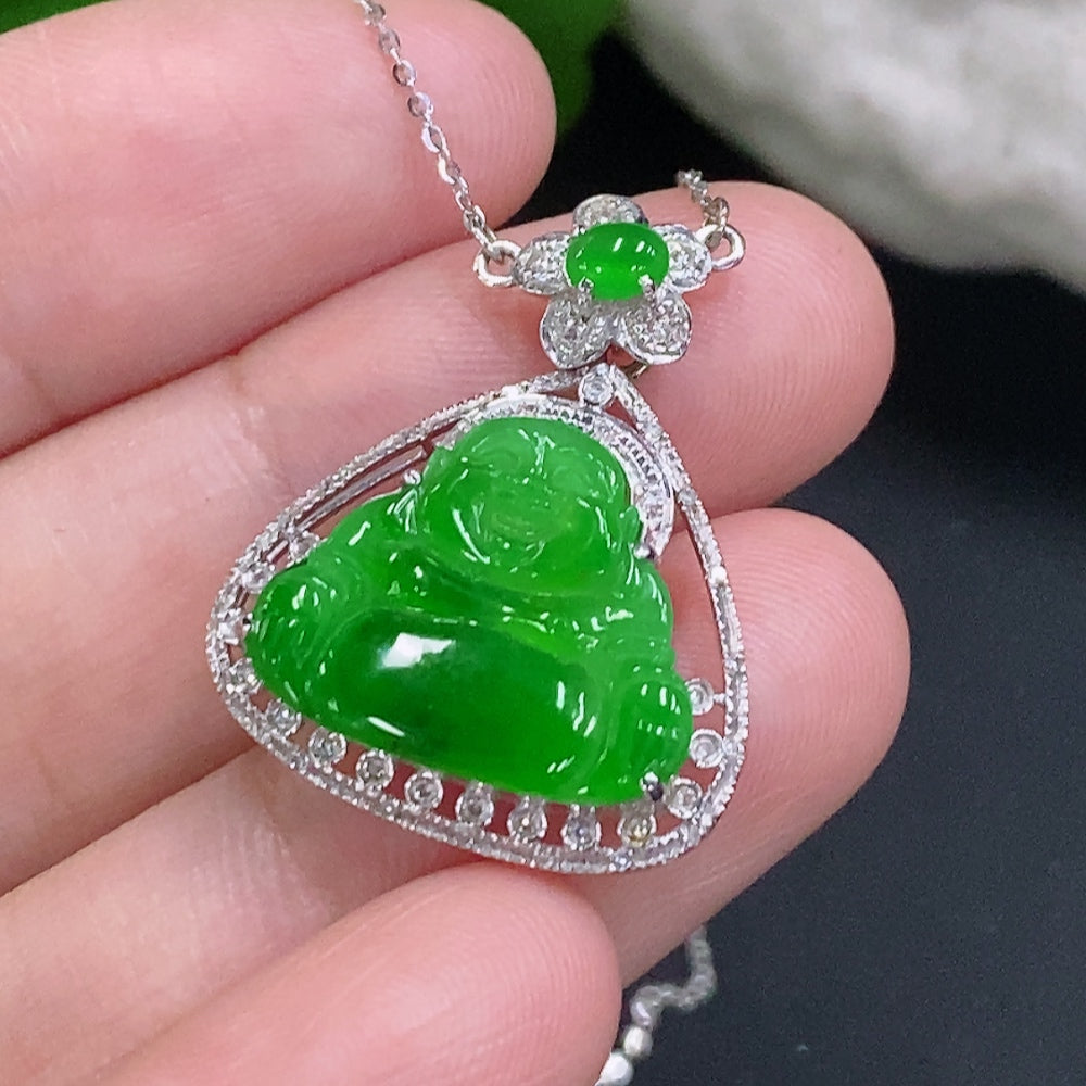 Jadeite Buddha Pendant Set in 18K Gold with Diamond Accents Total Weight Approx. 3.4g (Including Chain)