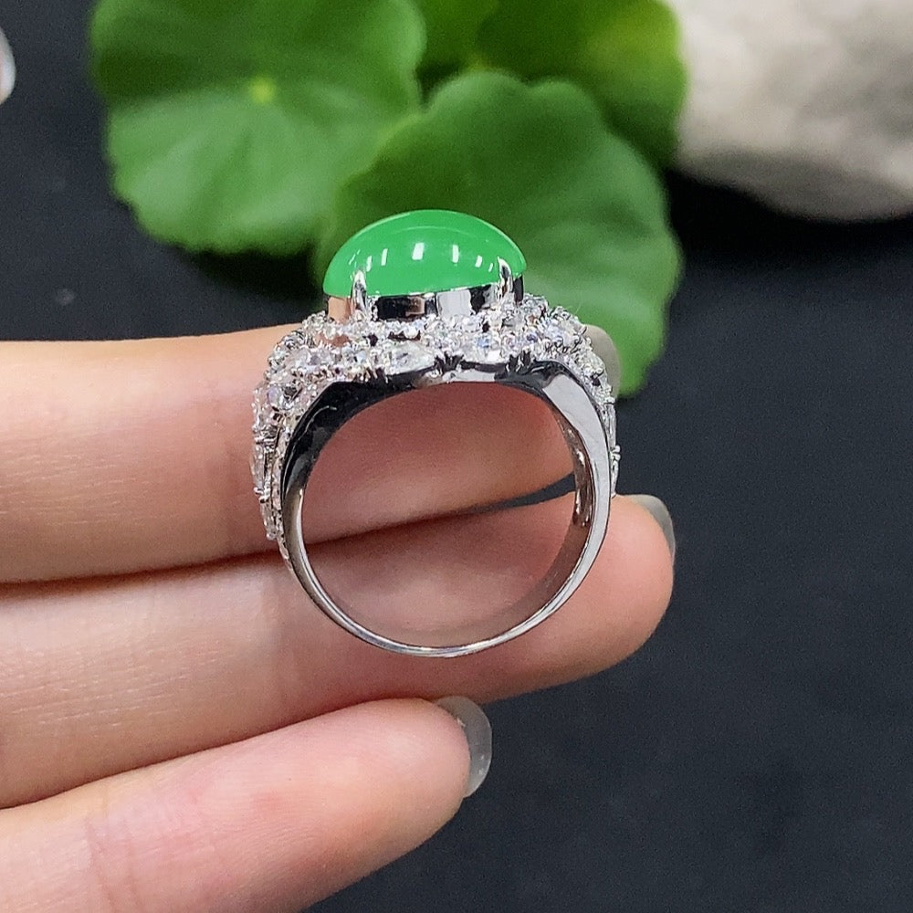 Jadeite Cabochon Ring with 18K Gold, Size 15, Accented with Diamonds, Total Weight Approx. 7.7g