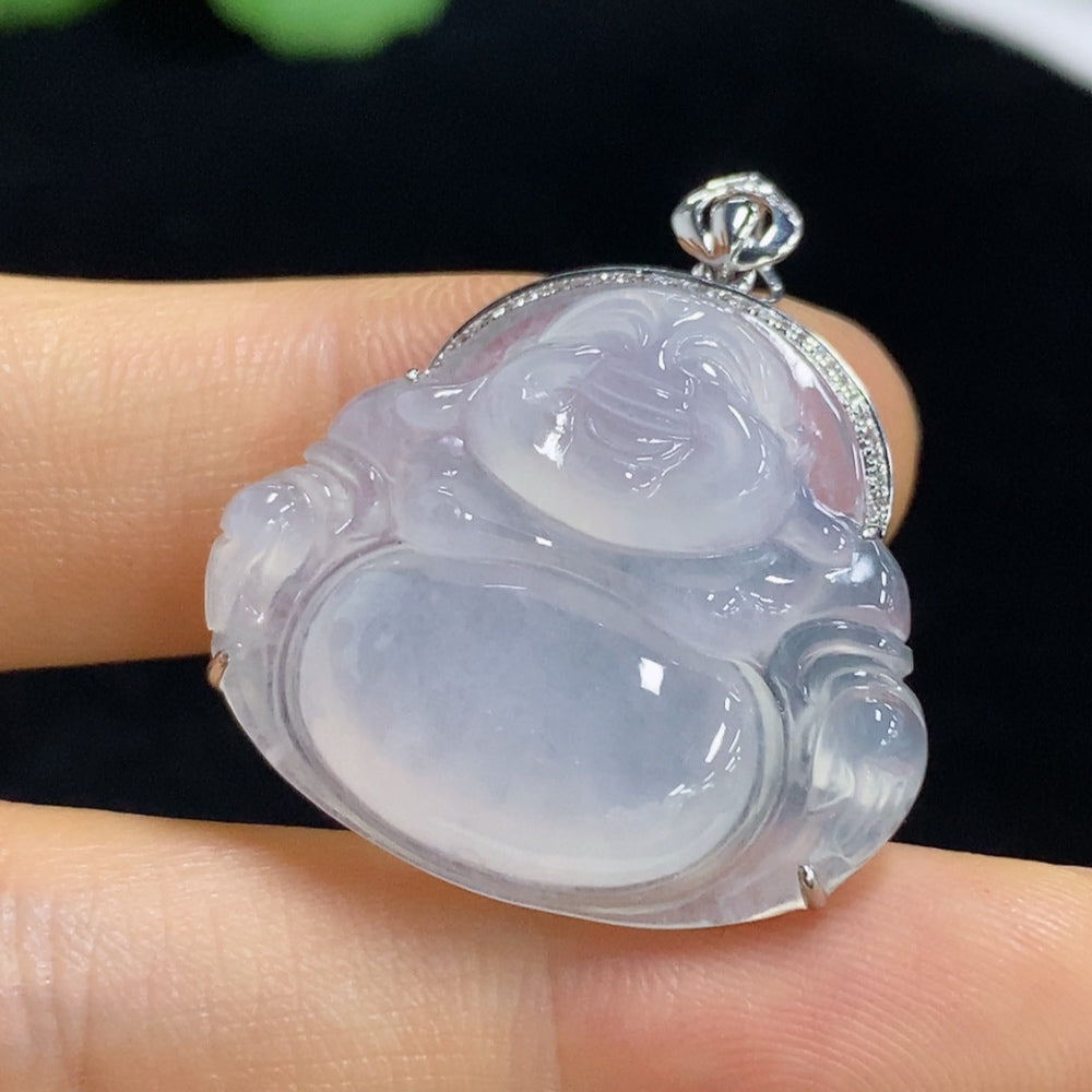 Jadeite Pendant Buddha with 18k Bezel and Diamond Accents, Total Weight Approx. 6.09g