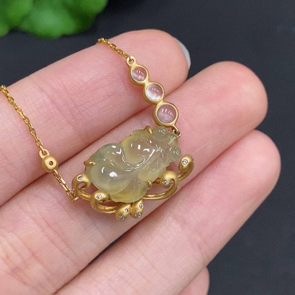 Huiliu Jadeite and jade full house inlaid pendant with diamond accents on chain, crafted with intricate inlay work and certified quality.