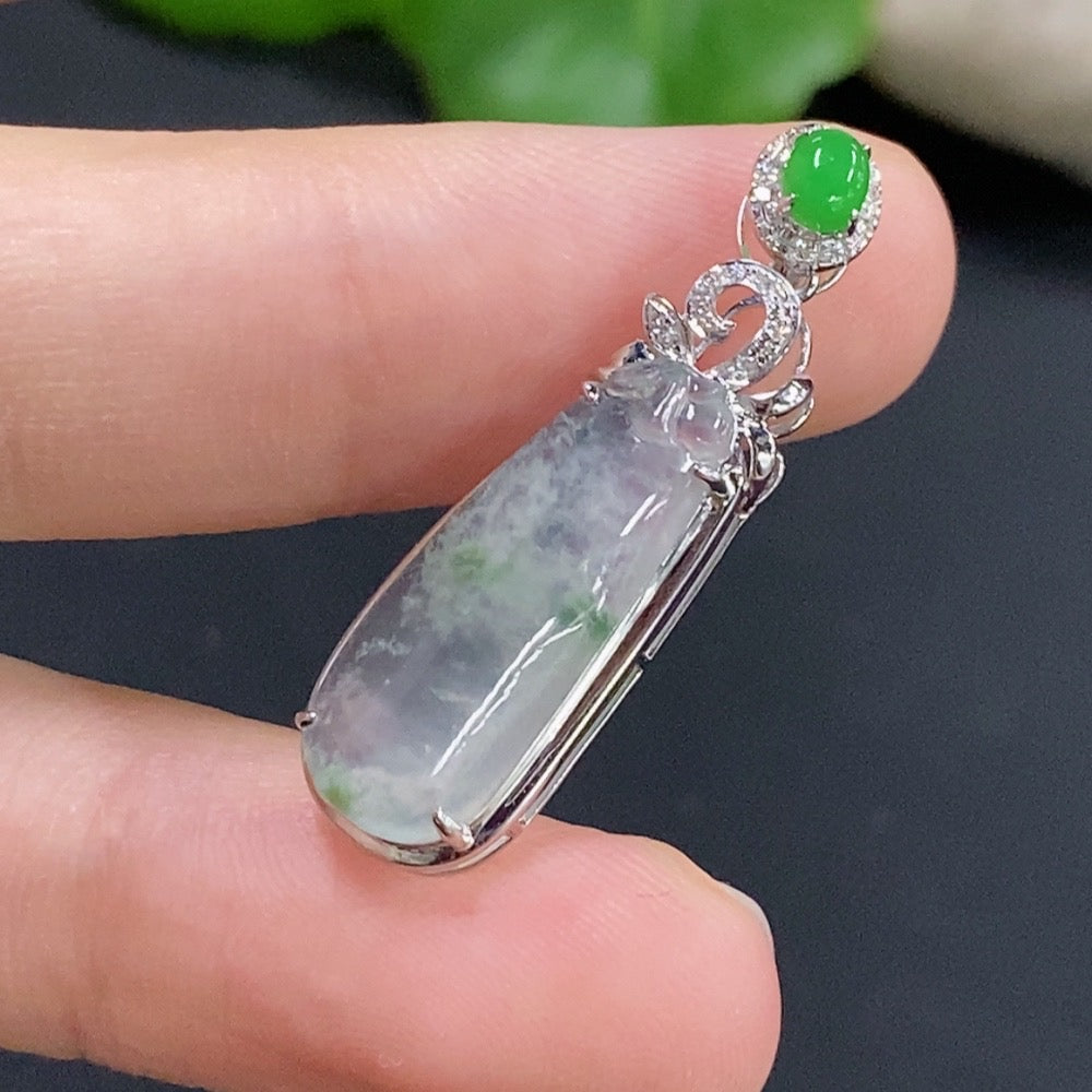 Jadeite auspicious gourd pendant with 18K gold and diamond accents, displayed on a necklace chain.