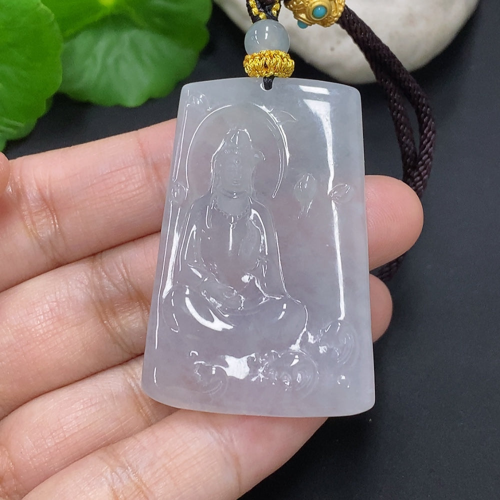 Jadeite Guanyin pendant with cord, crafted from green jade, weighs approximately 25.2 grams, featuring detailed religious iconography.