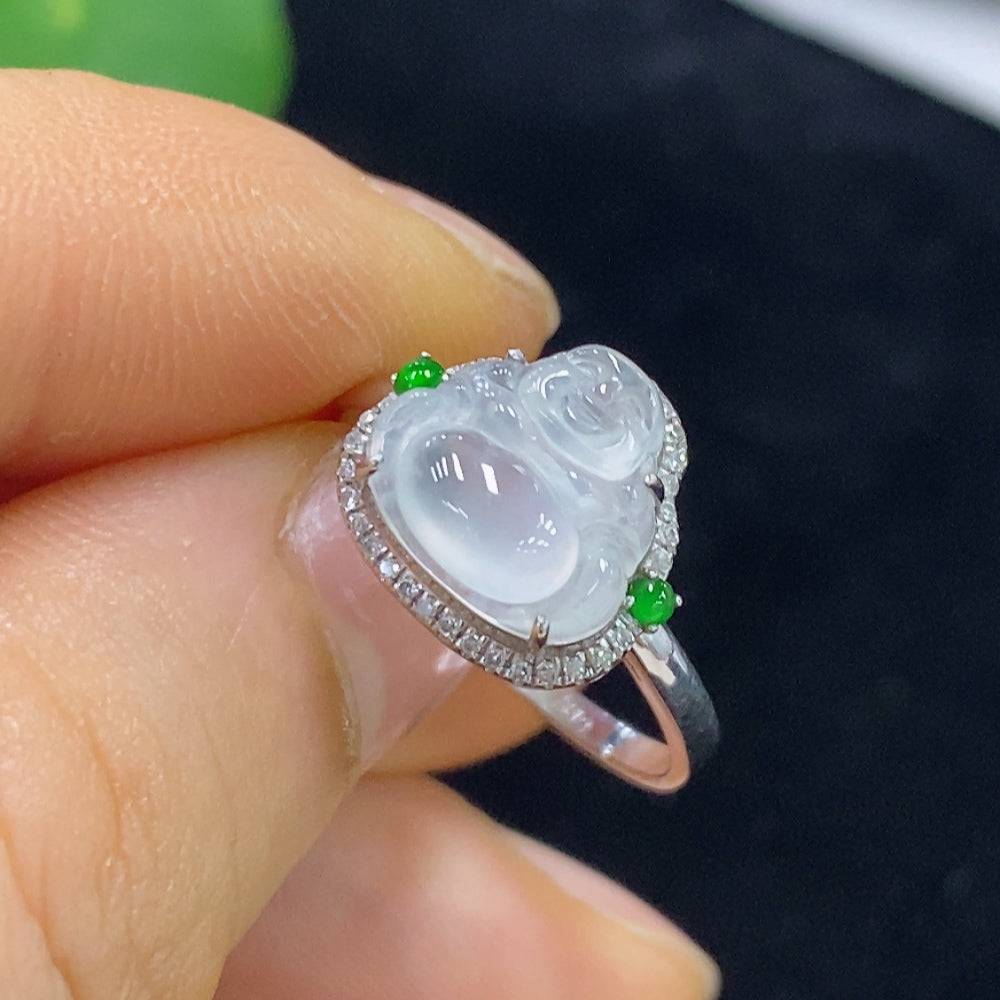 Huiliu Jadeite ring set with diamond accents, featuring polished green jade and sparkling diamond details on a stylish band