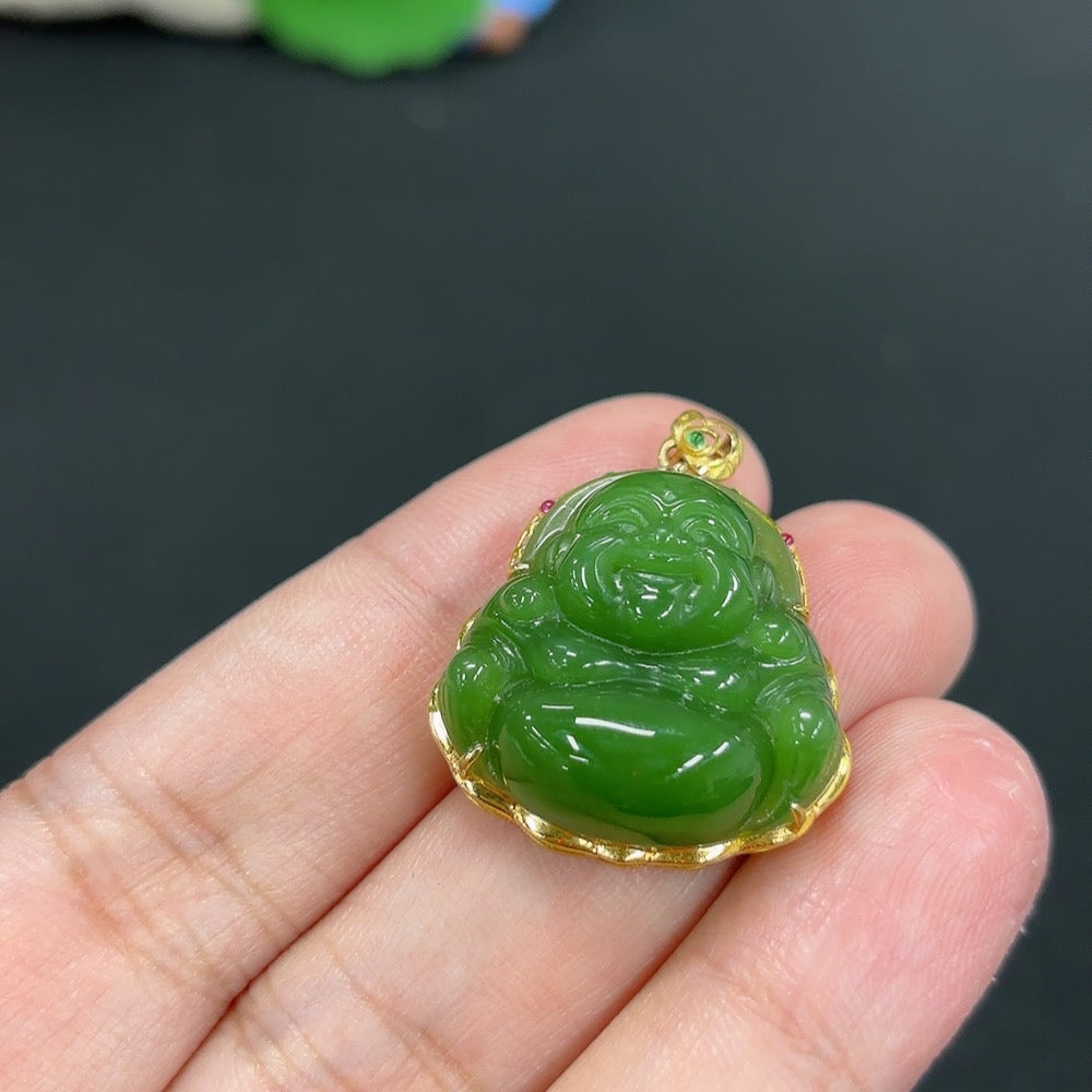 Hetian Jade Inlaid Pendant Buddha Total Weight Approx.6g 18k