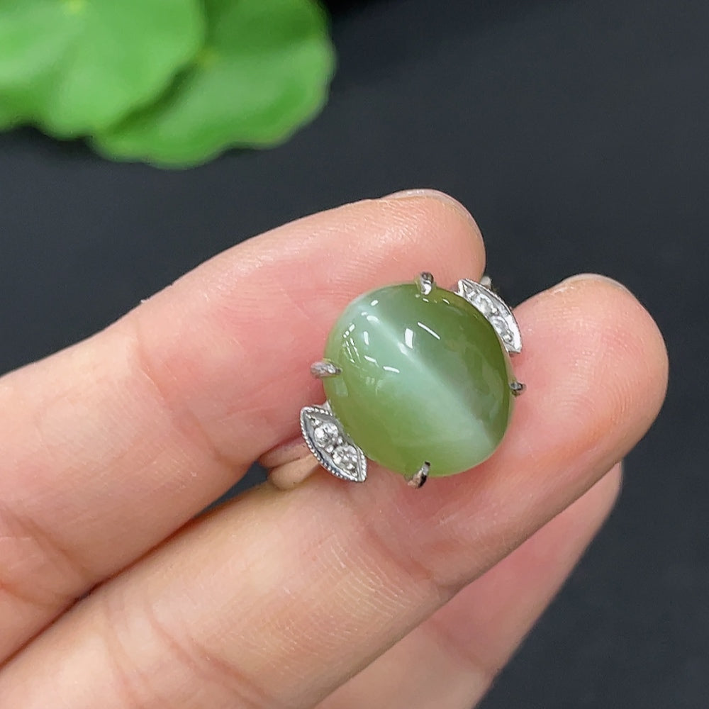 Hetian Jade Jasper Cabochon Inlaid Ring, 27% Gold Content, Accented with Diamonds