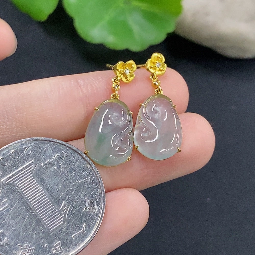 Jadeite Ruyi Inlaid Earrings 18k with Diamond Accents Total Weight Approx. 2.26g