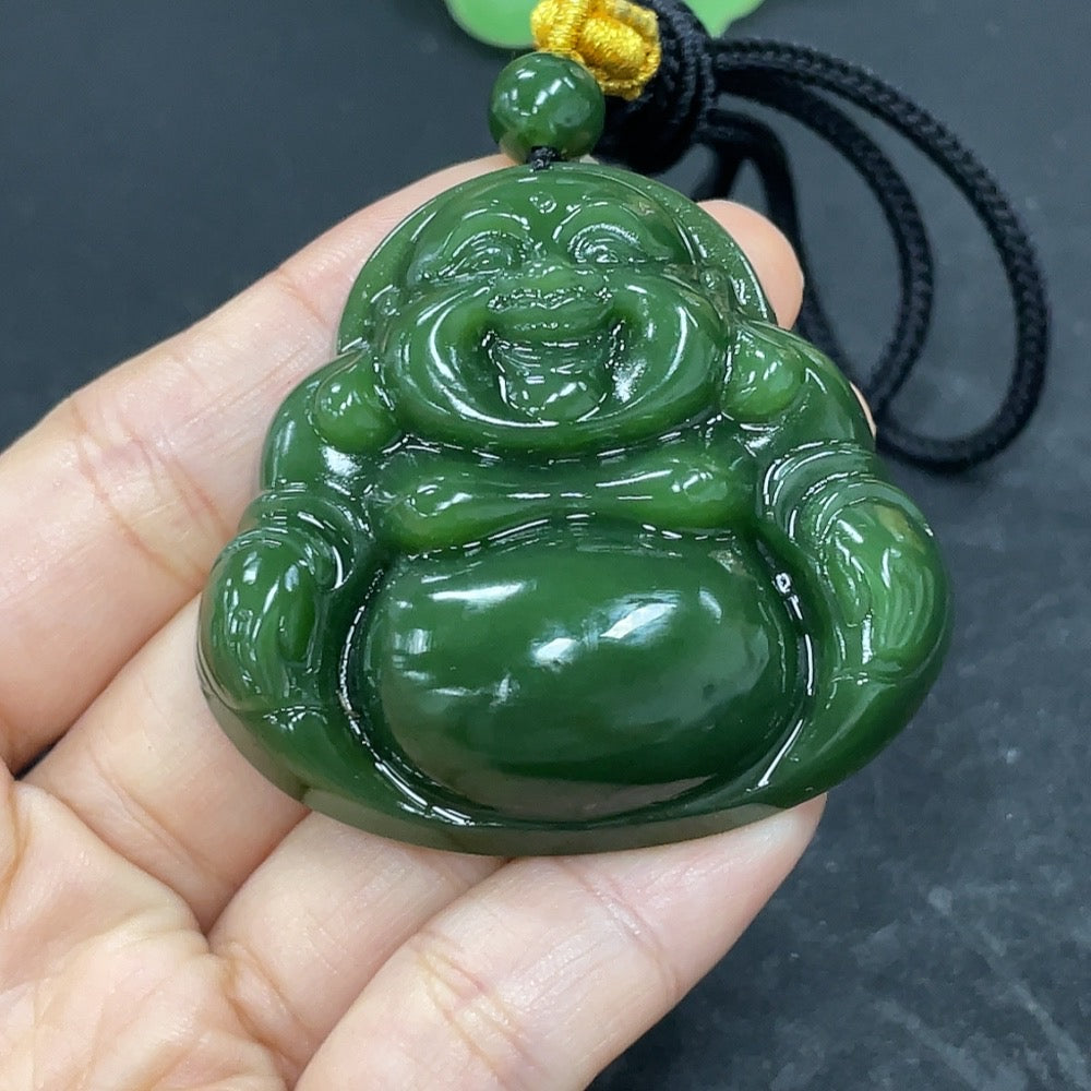 Hetian Jade Jasper Pendant featuring Buddha design, weighs approximately 42.2g including rope, from HKHQ.