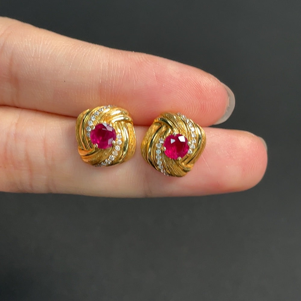 Ruby Stud Earrings, 18K Gold, Total Weight Approx. 4.30g, Filled, Accented with Diamonds