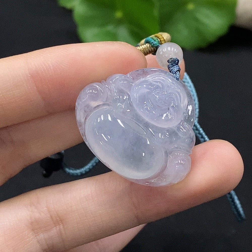 Jadeite Buddha pendant with non-A grade beads, weighing approximately 9.6g, featuring intricate jade craftsmanship by HUILIU HQ.