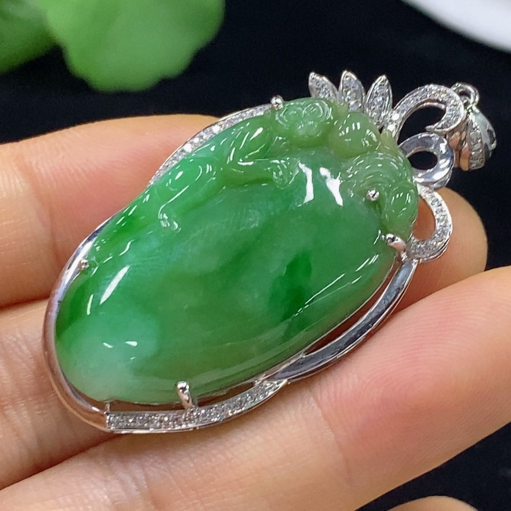 Jadeite Blessing Melon Pendant with 18K Gold and Diamond Accents
