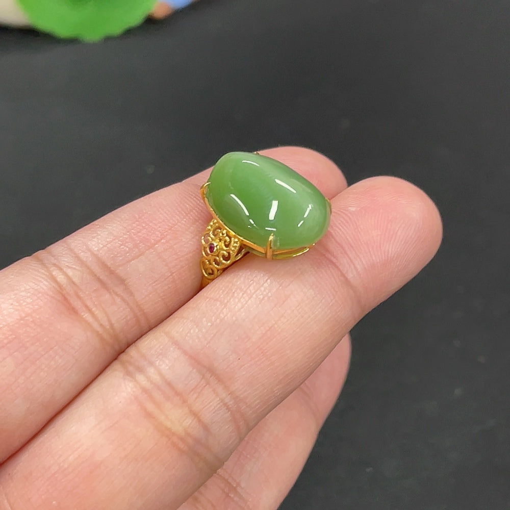 Hetian Jade Inlaid Ring Size 15 Total Weight Approx. 3.5g 18k Band Gold Content 70%