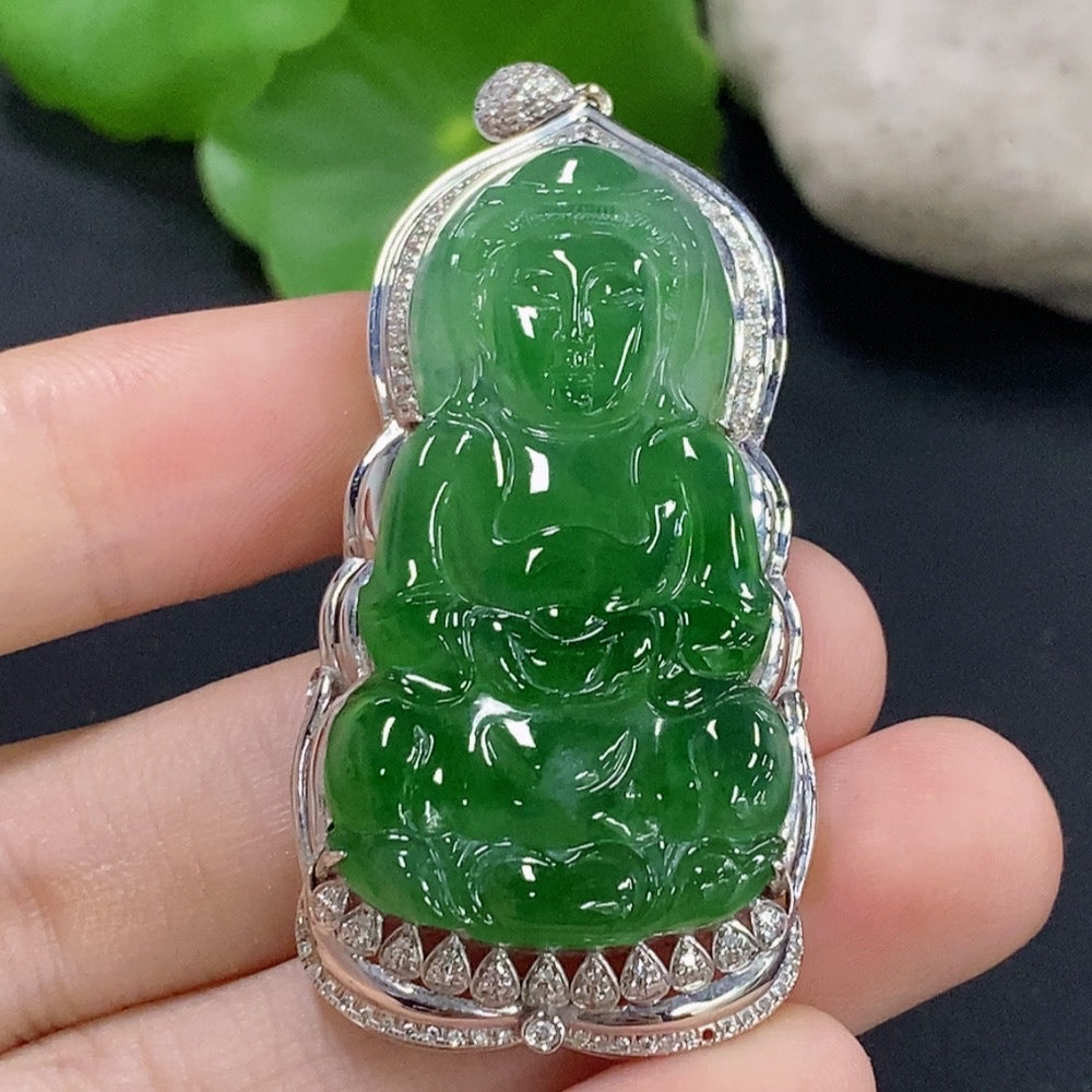 Jadeite Guanyin Inlaid Pendant with 18k Gold and Diamonds