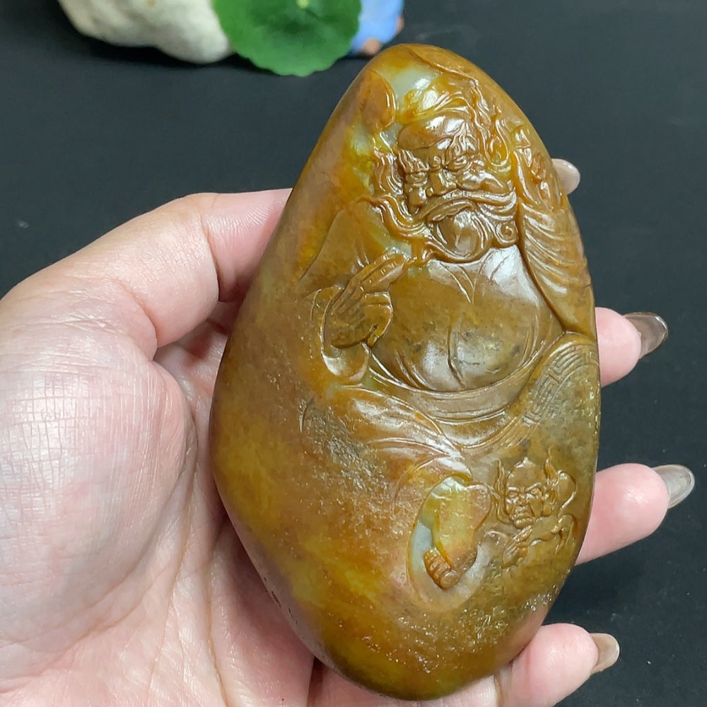 Hetian Jade Handheld Carving - Zhong Kui, Total Weight Approx. 423g, Undetermined Skin Color Origin, Contains Other Mineral Components
