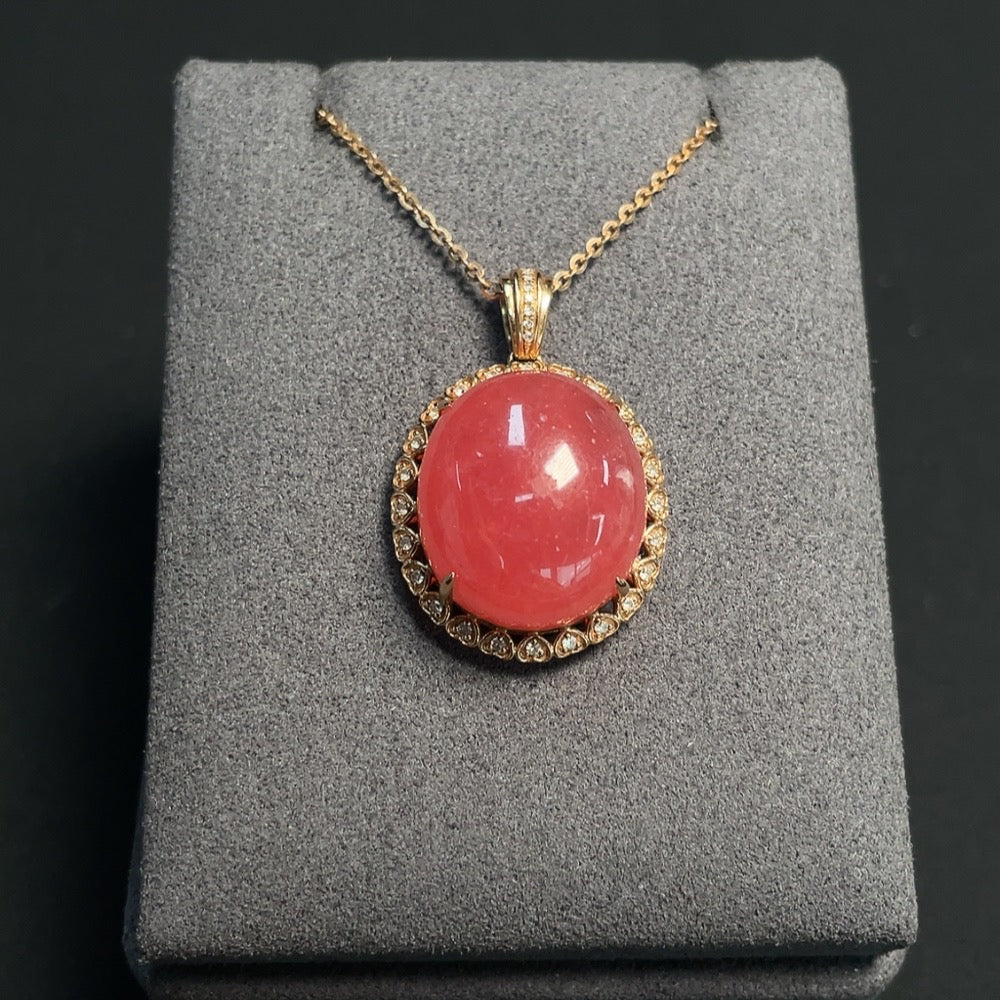 Rhodochrosite gemstone necklace with organic inclusions, 18K gold and diamond accents, weight 9.47g, by HKHQ.
