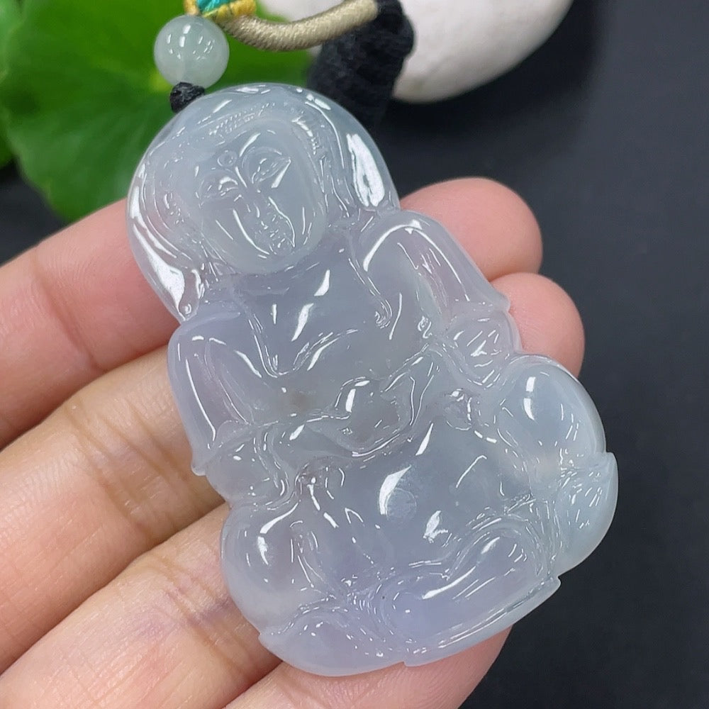 Huiliu HQ Jadeite Pendant featuring Guanyin figure with rope, crafted from polished green jade for spiritual elegance.