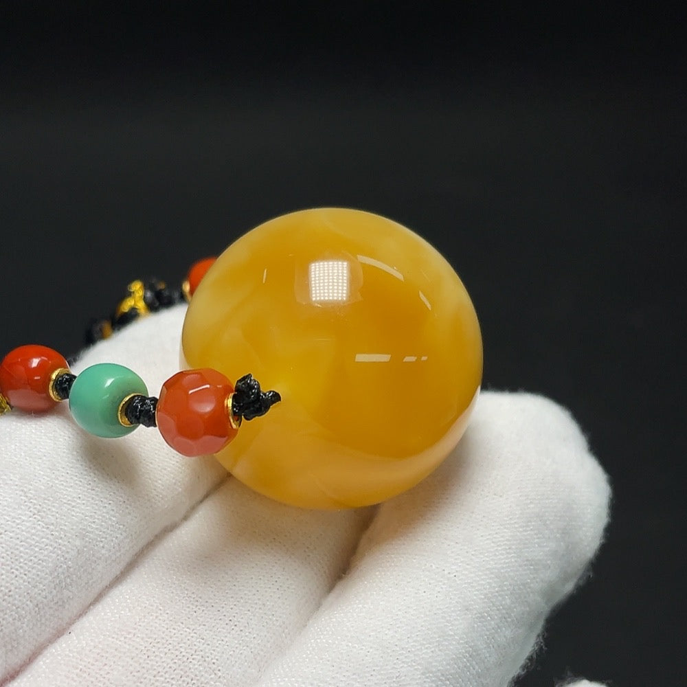 Amber Beeswax Pendant, 18K Gold, Approx. 28.5mm, with Southern Red Agate, Non-Natural Stones Considered for Accents